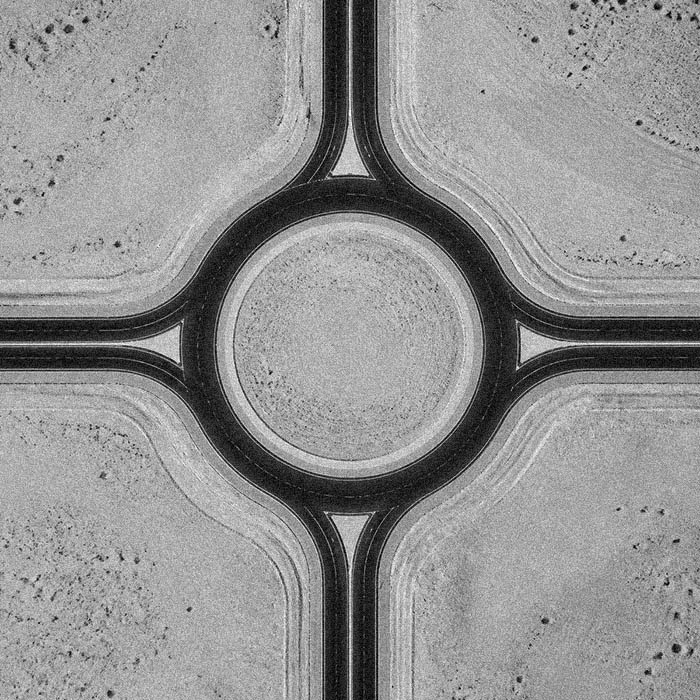 Aerial view of a symmetrical desert roundabout