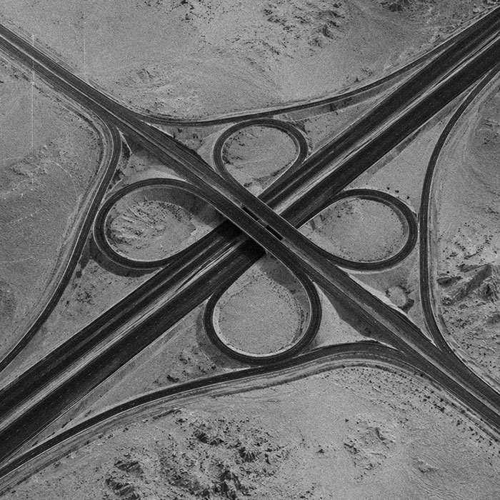 Aerial view of a multi-level highway interchange